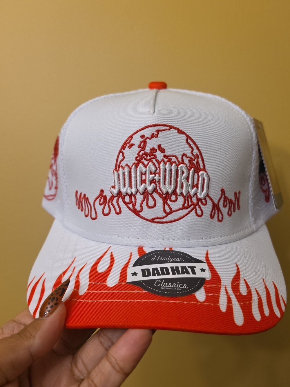 Juice Wrld White and Orange Flame Dad Hat by